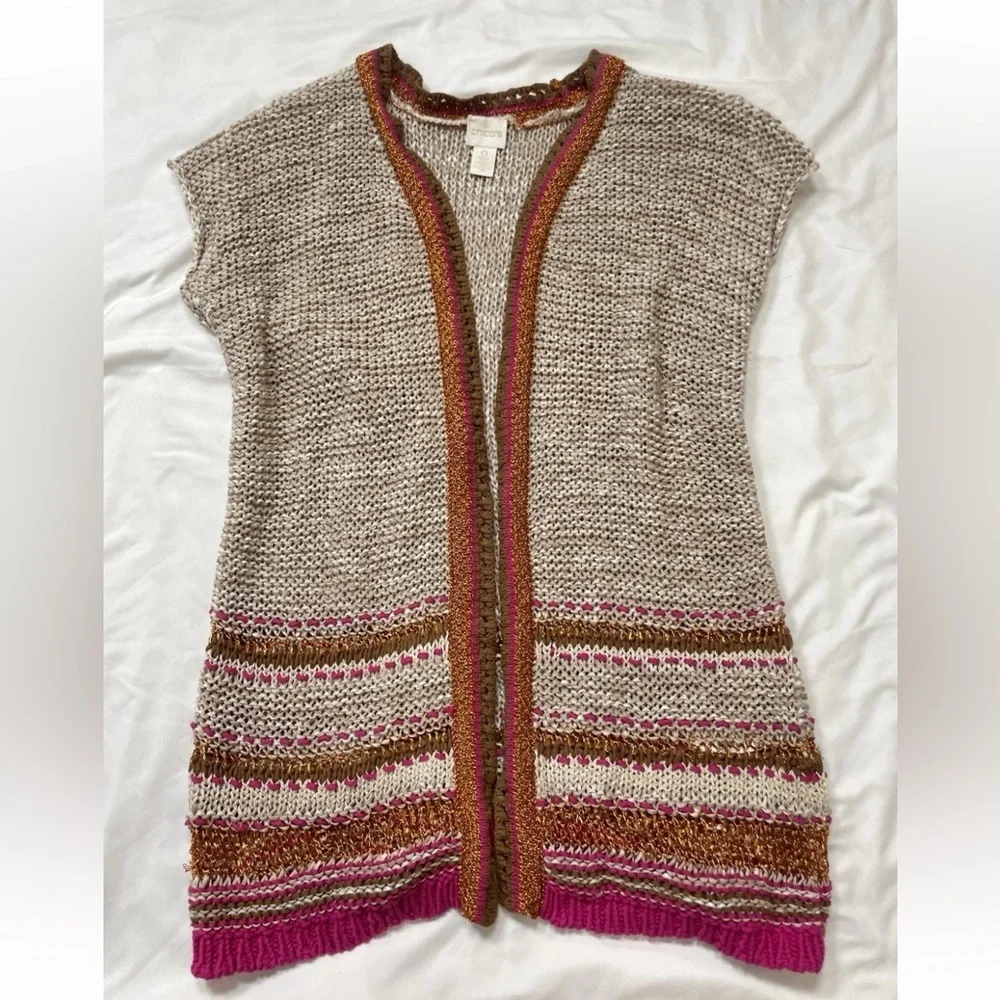 Chico's Size 0 Color Pop Multicolor Knit Longline Cardigan Orange Pink Foil‎